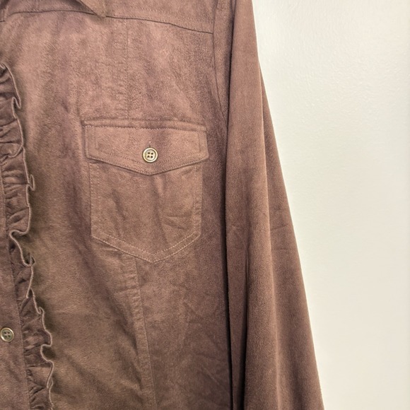 Susan Graver Womens Top XL Brown Faux Suede Button Ruffle Western Country Ranch - Picture 4 of 12